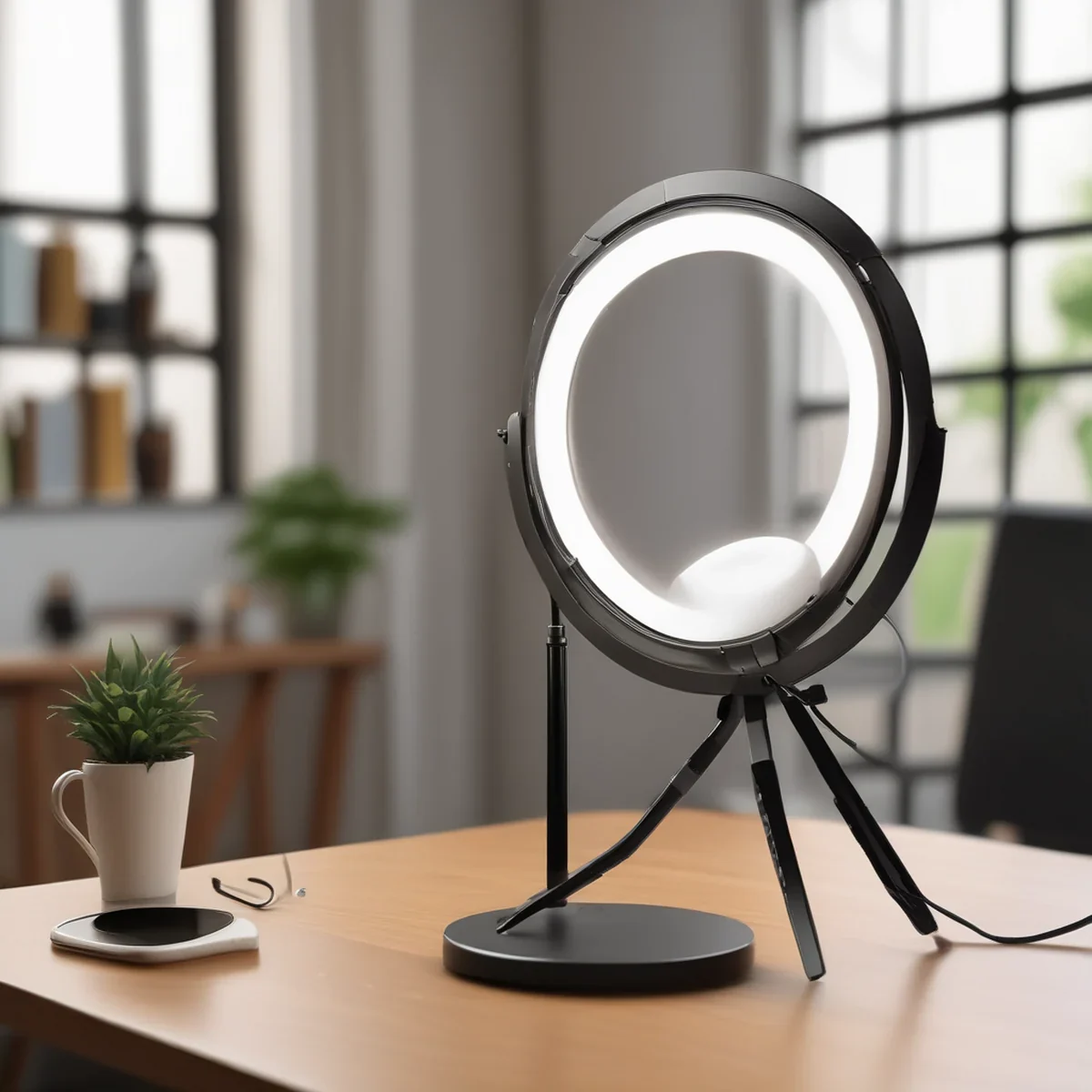 Circular LED ring light on a tripod stand for video filming