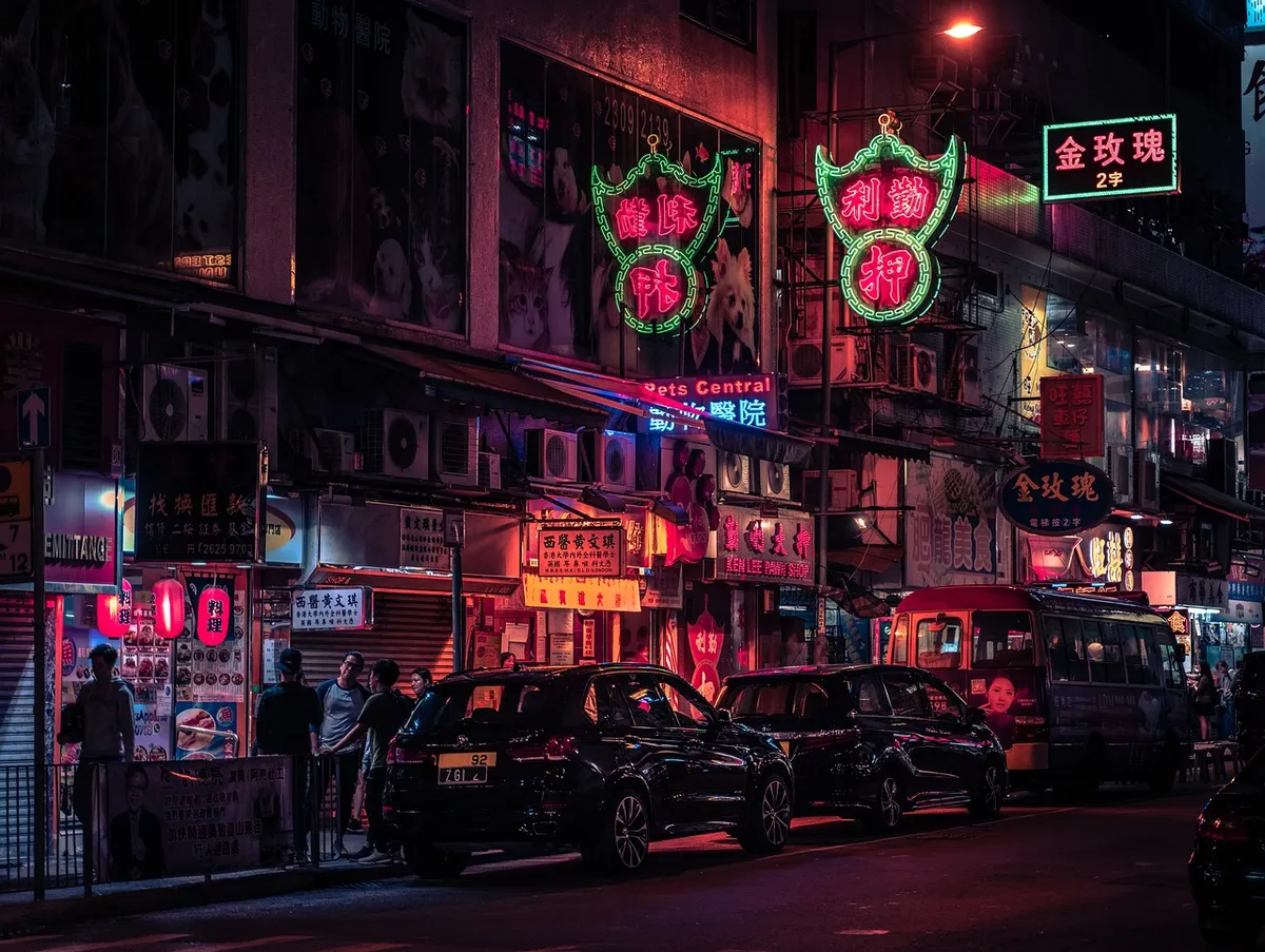 road, vehicles, pedestrian, bus, infrastructure, hong kong, neon, automobile, china, futuristic, architecture, night, urban, lighting, city, downtown, to travel