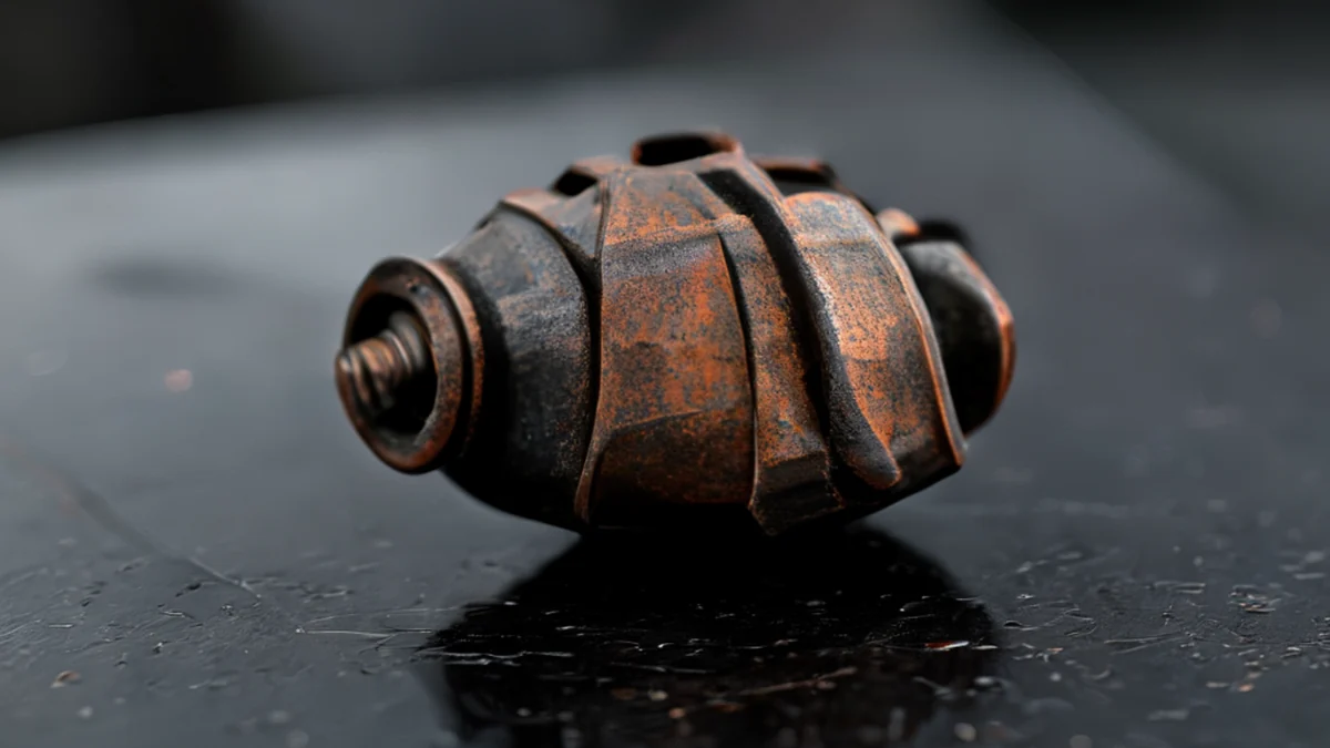 Segmentiert, spitze Grenade-Gear-Pin, rostiges Eisen, scharfe Kanten, auf schwarzen oxidierten Tisch unter bewölktem Tageslicht, flache Schärfe, photorealistisch, scharfe Fokussierung, hohe Details