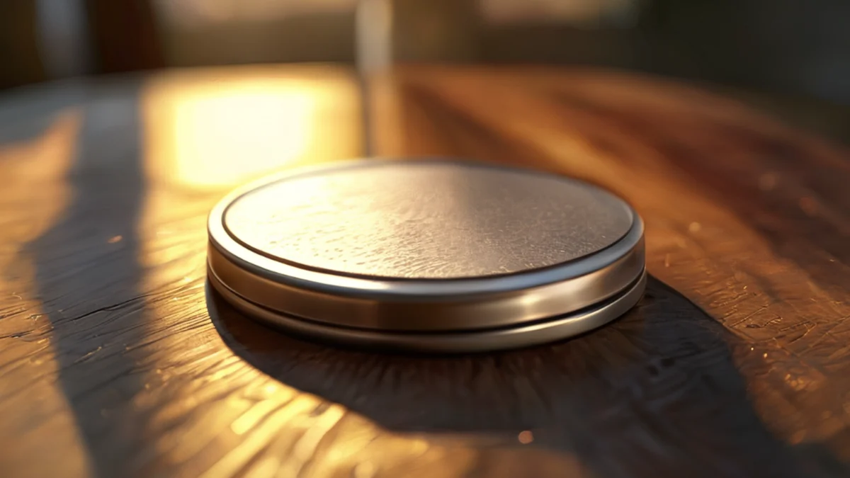 Metallic silver curved battery lid on wooden table under golden hour light, faint engraving, shallow depth of field, photorealistic