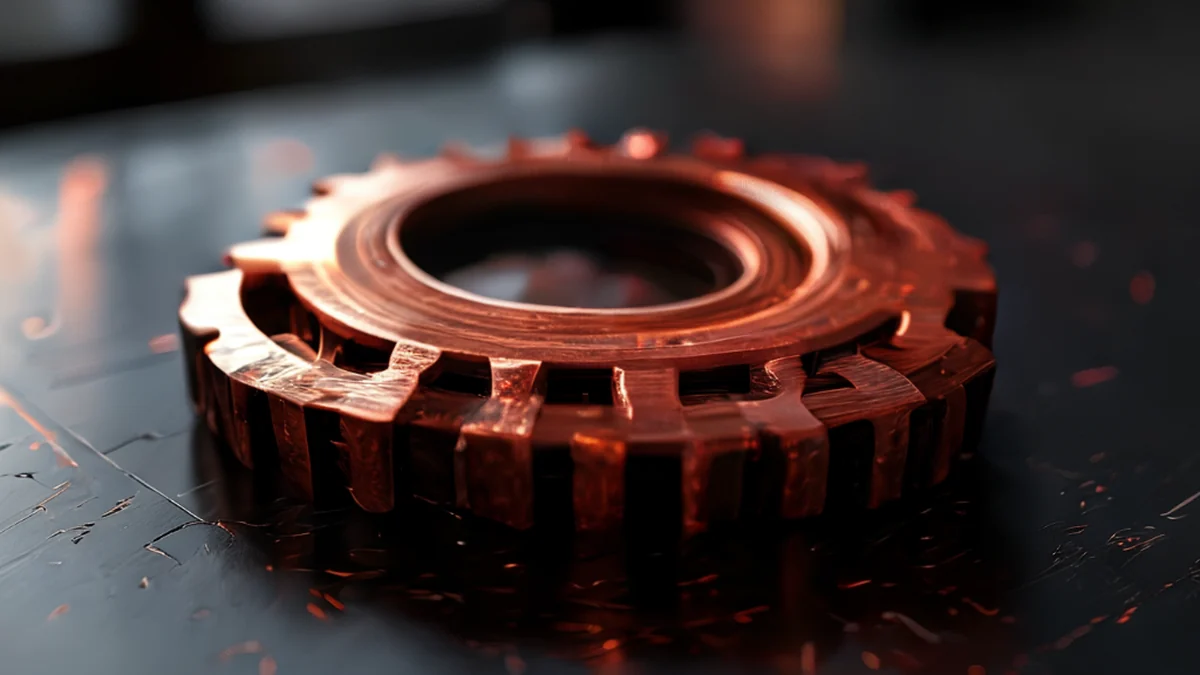 Un motor eléctrico de tren, pulido, rojizo, con textura metálica, sobre una mesa negra, bajo luz lateral cálida, profundidad de campo suave, realismo fotográfico, enfoque neto, detalles elevados