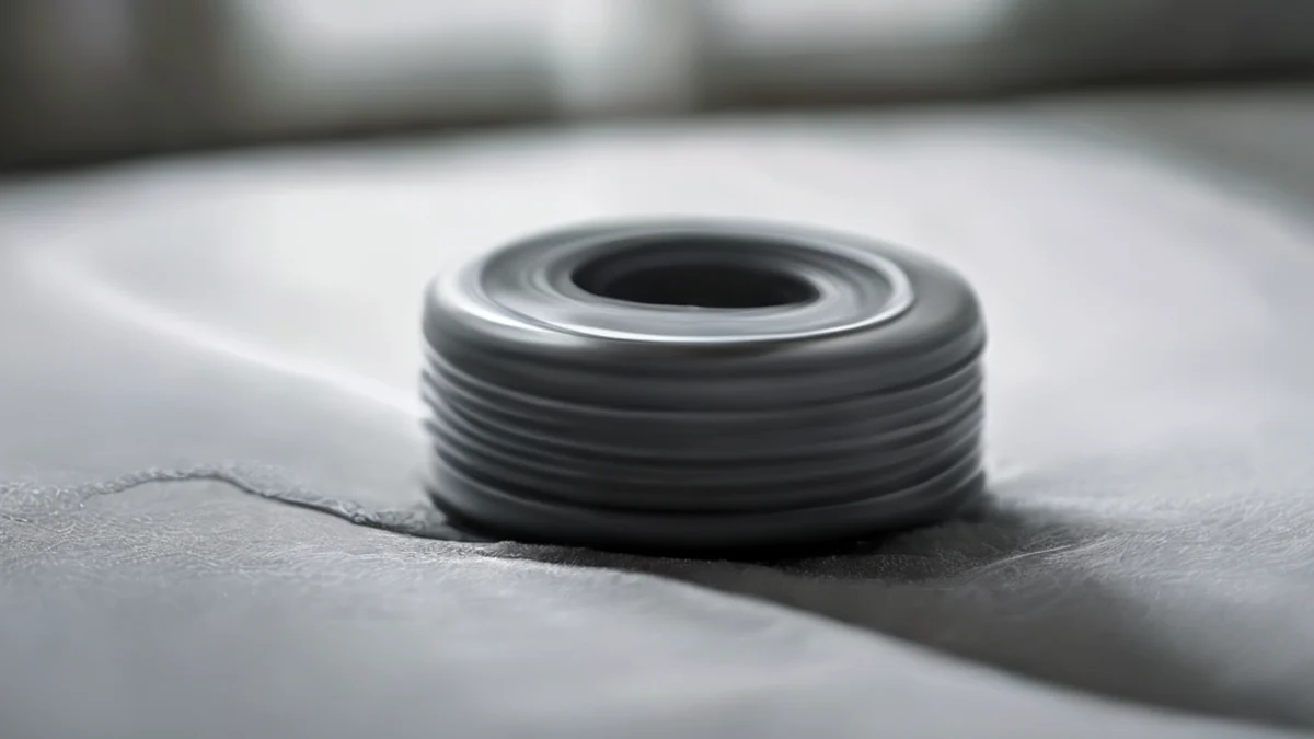 Lacing-Plug en plastique gris sombre, sommet arrondie, base filetée, sur un tapis blanc, lumière douce, champ de profondeur faible, détails élevés