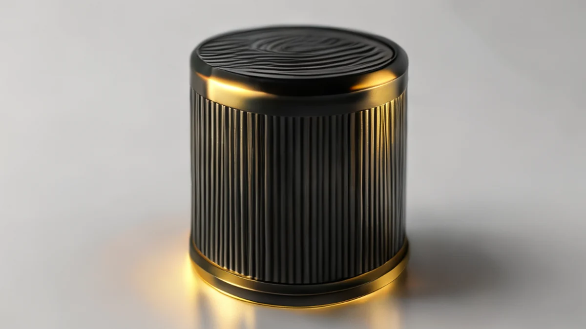 Cilindro de metal negro cobrindo a caixa de filtro EV, superfície texturada, fundo branco, hora dourada, profundidade de campo suave, realismo fotográfico, detalhes altos