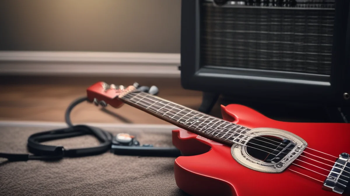 Guitarra eléctrica conectada a un amplificador, emitiendo sonido.