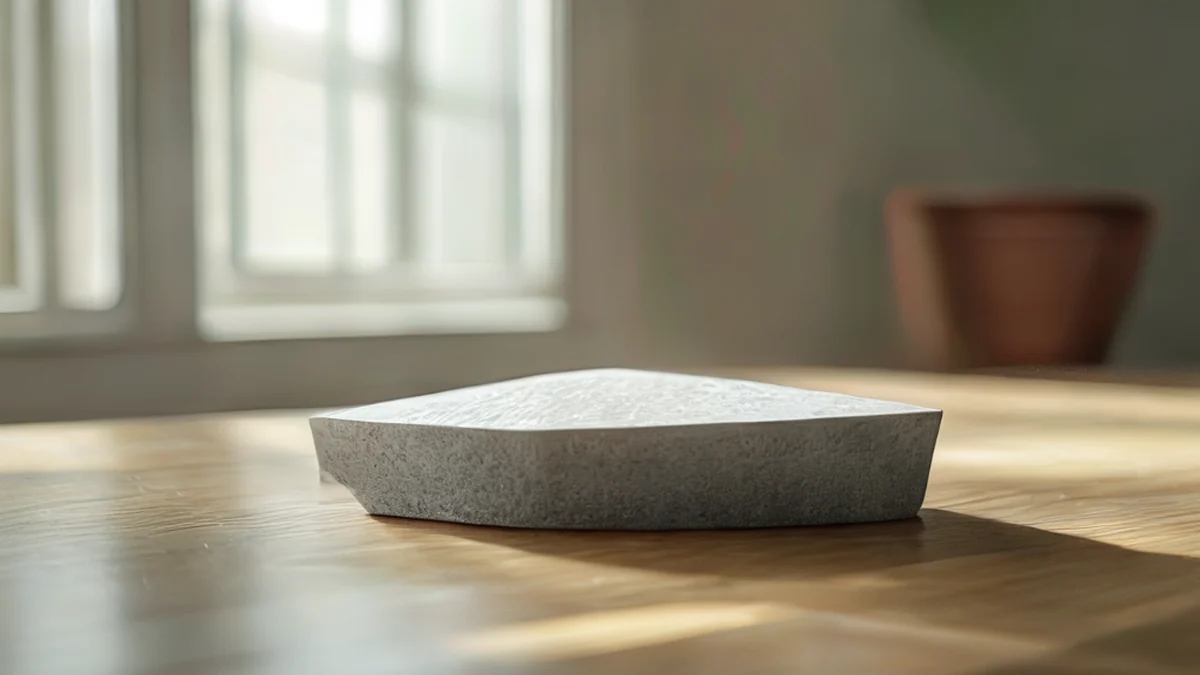 Un wedge en plastique, gris clair, rectangulaire, texturé, sur une table en bois, lumière douce, champ de profondeur faible, photoréaliste