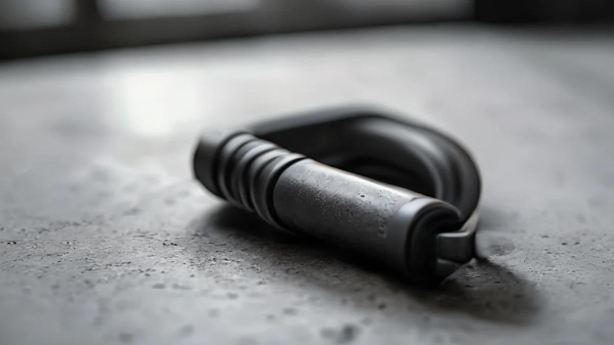 Cable clamp, zwart, met slot, sterk, op een glanzende betonoppervlak, zachte licht, zacht focus, fotorealistisch, hoge details