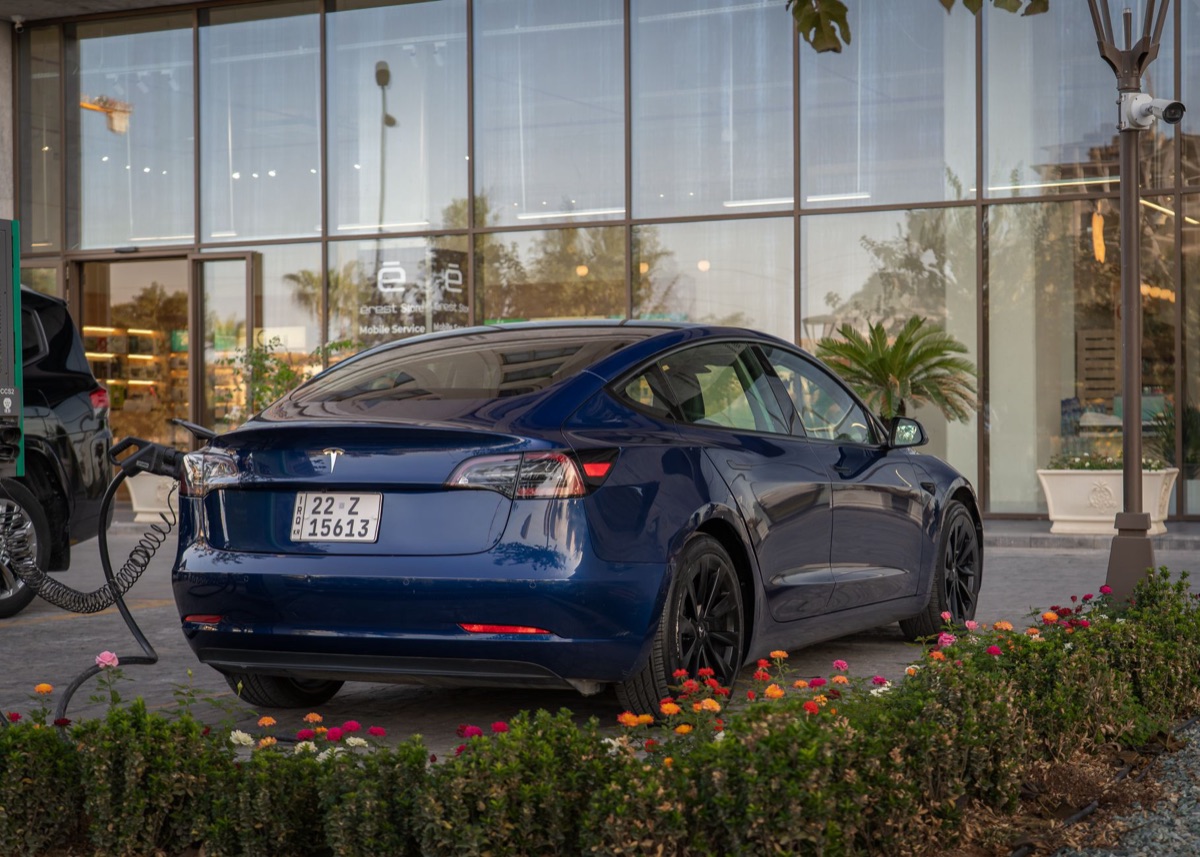 Tesla Model Y car in city street